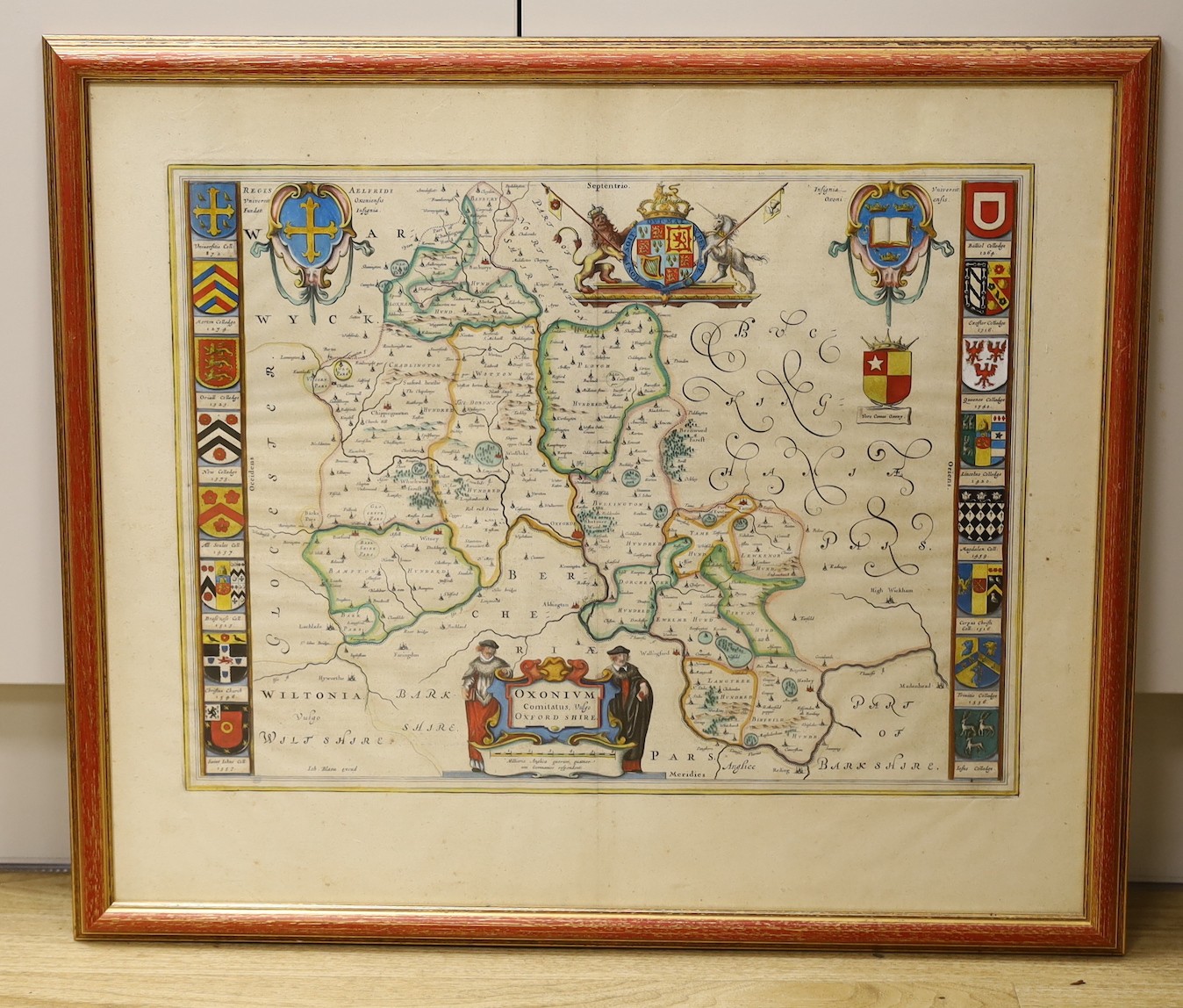 Johannes Blaeu (1571-1638), coloured engraving, Map of Oxonium (Oxfordshire), Dutch text verso, full sheet 50 x 59cm